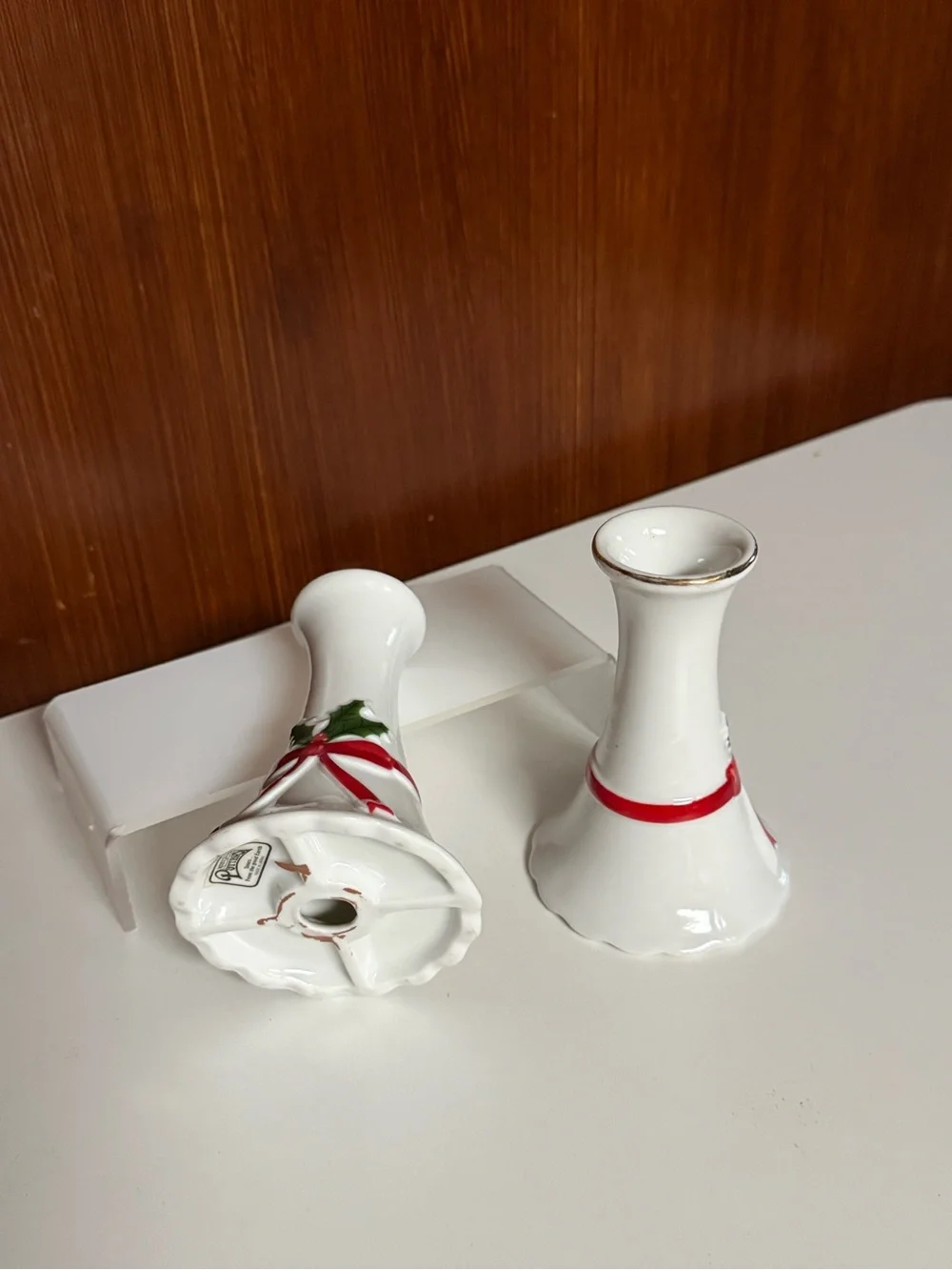 Vintage White Pottery Holiday Ribbon Candle Holder set